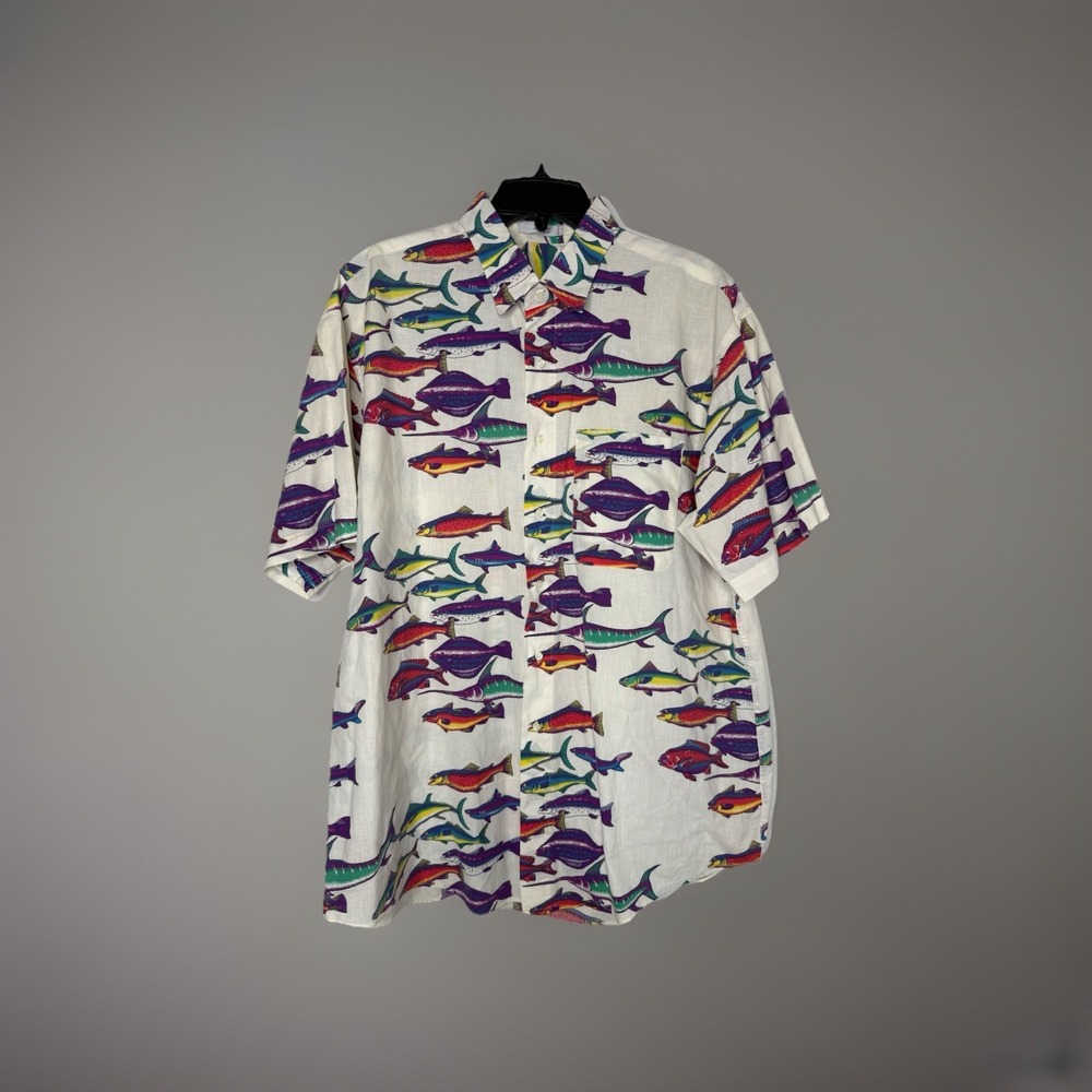 Vtg Fishing Shirt All Over Print Colorful Fish 90s Button Up Cotton Size XL
